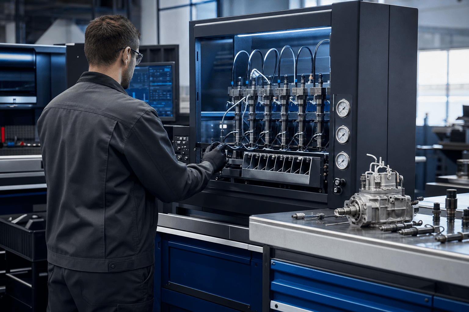 Técnico utilizando bancada de testes diesel