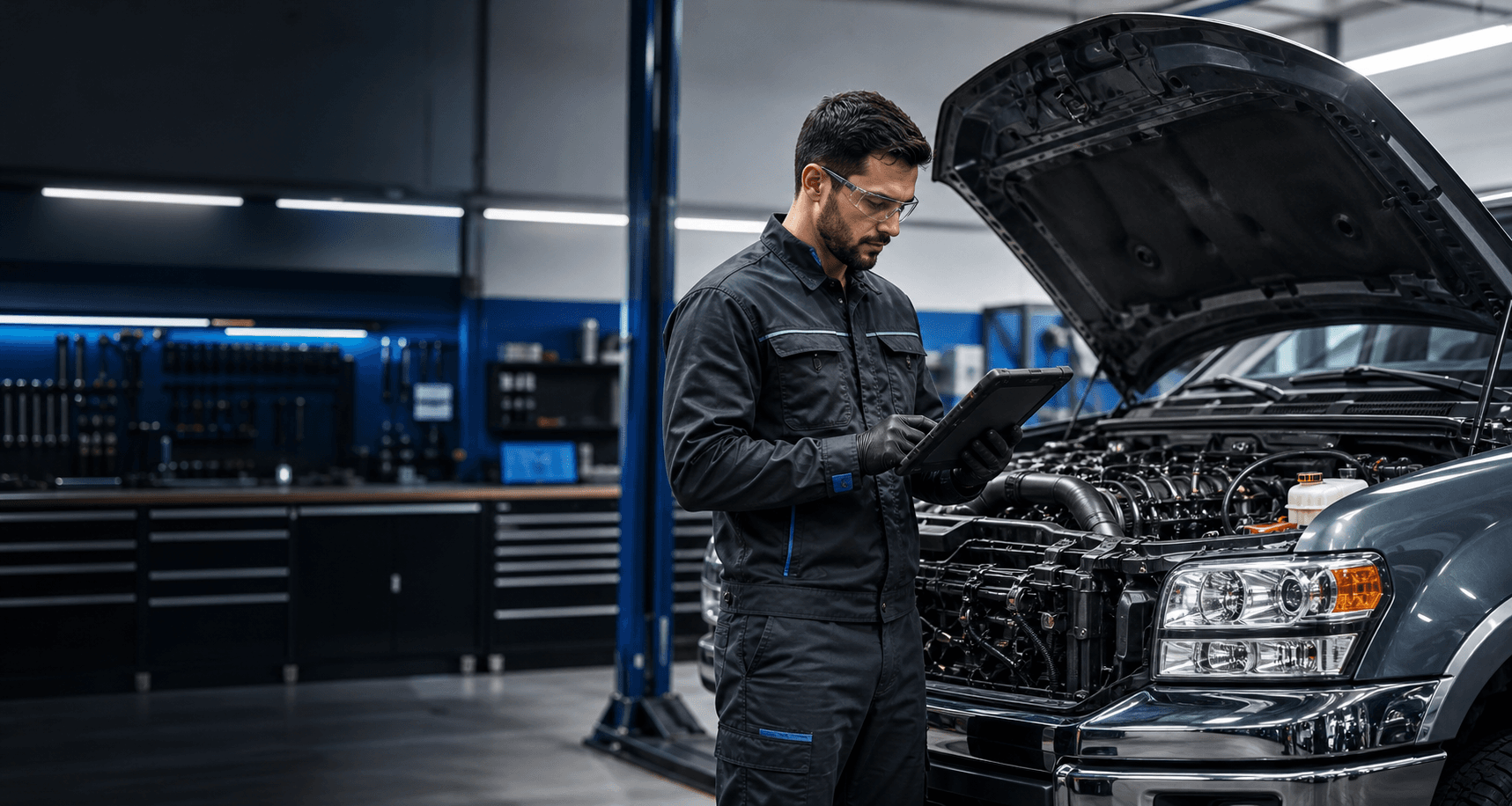 Técnico realizando diagnóstico eletrônico em caminhonete diesel